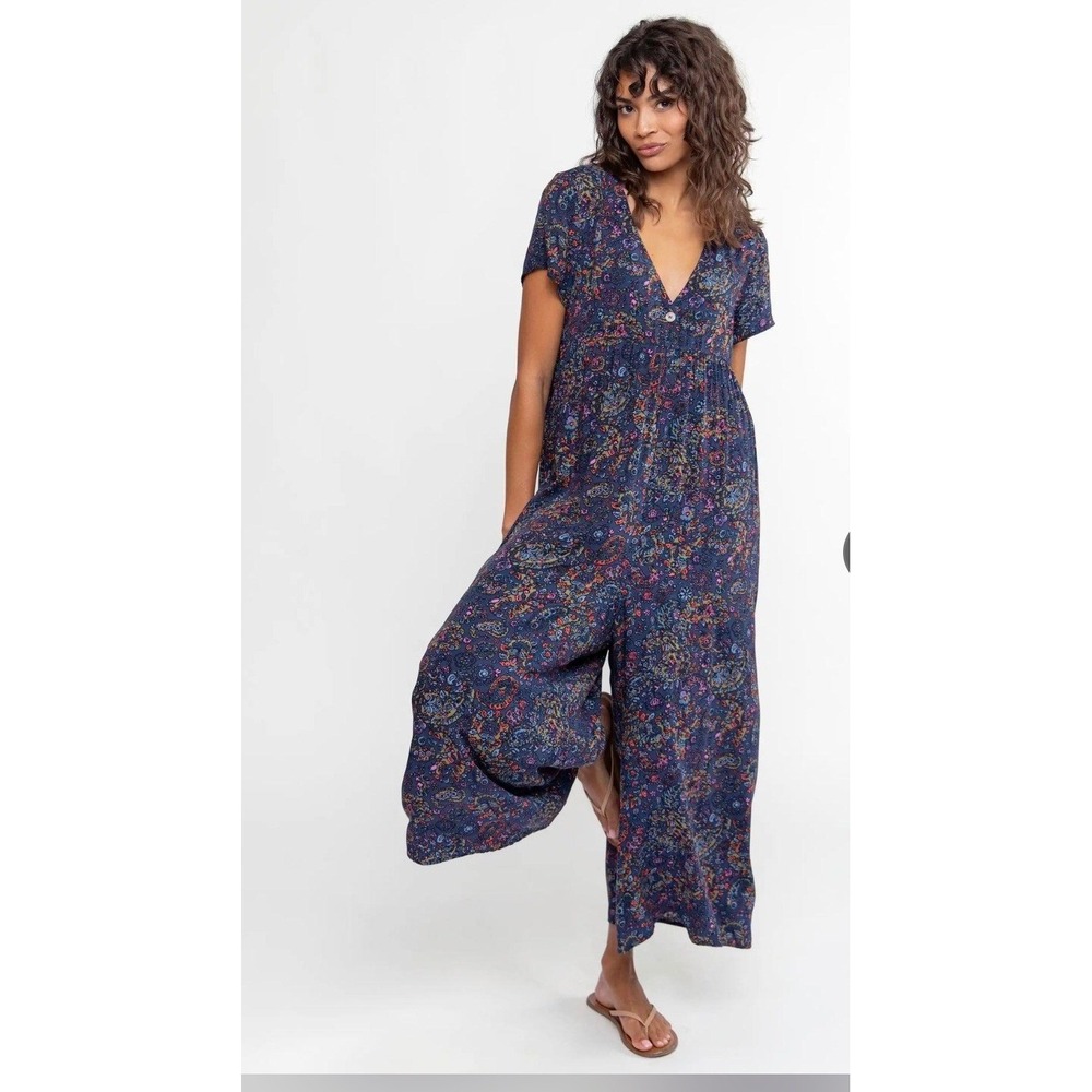 Natural Life Avery Jumpsuit Medium Blue Floral Paisley Wide Leg Boho NWT